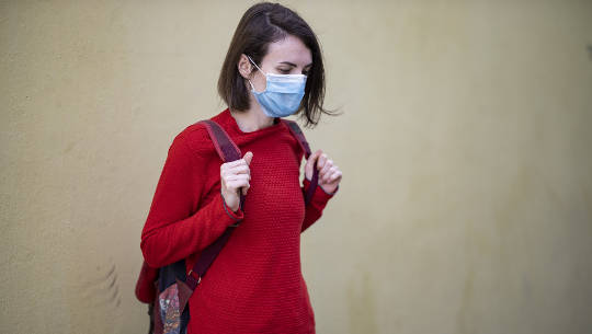 Are You Ready to Take off Your Mask? girl wearing a Covid mask outside carrying a backpack