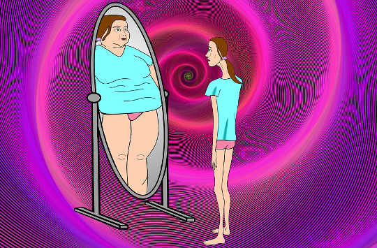 What Is An Eating Disorder? skinny person seeing an overweight reflection in the mirror