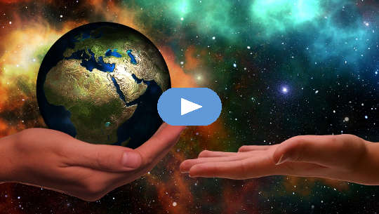 When The Call Comes: Listen and Take Action one hand holding the planet, the other open ready to receive it