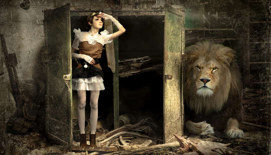 Releasing the Stranglehold of the Internal Oppressor a young woman coming out of the closet to face the lion in the shadows