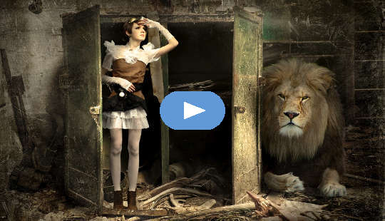 Releasing the Stranglehold of the Internal Oppressor a young woman coming out of the closet to face the lion in the shadows
