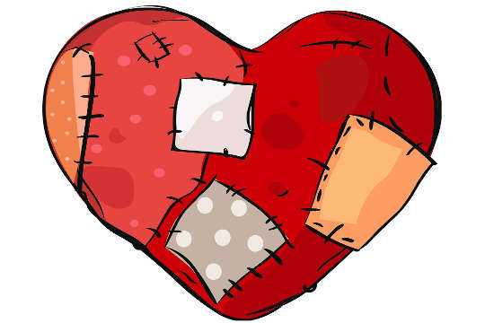 It's Time To Step Into Our Heart and Come Home a drawing of a heart with patches and scars