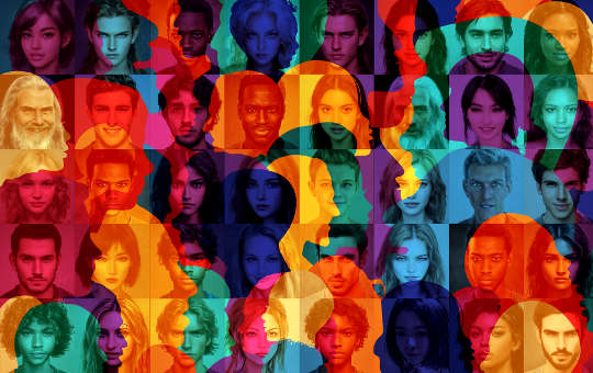 We Are All Connected One Way or Another many faces, multicolored, juxtaposed