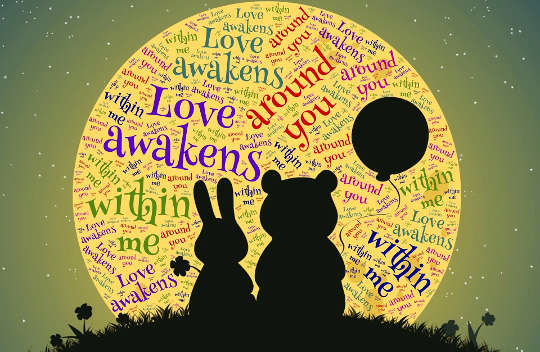 Awakening from Our Amnesia: From Lower Self to Higher Self Winnie the Pooh and Rabbit sitting in front of a globe covered with the words Love awakens within me, etc.