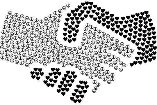 You Don’t Go to Heaven, You Grow to Heaven a drawing of two joined hands - one consisting of peace symbols, the other of hearts