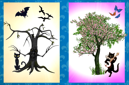 The Three Principles of the Success Paradox two pictures - one with a dead tree and other with a flourishing tree with butterflies