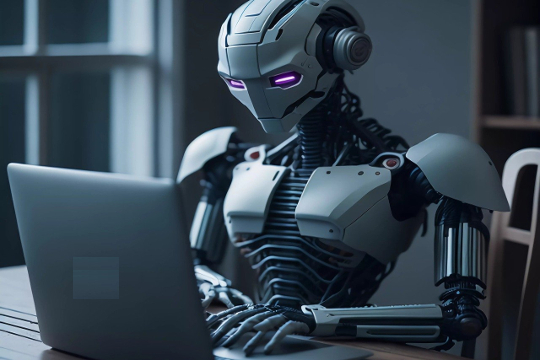AI in Elections: Threats to Democracy and How to Safeguard It robot sitting at a laptop with hands on the keys