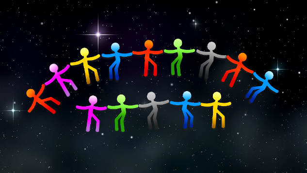 The Great Tuning to Love and Compassion: Co-Creating a New World colorful figures holding hands in the starry sky