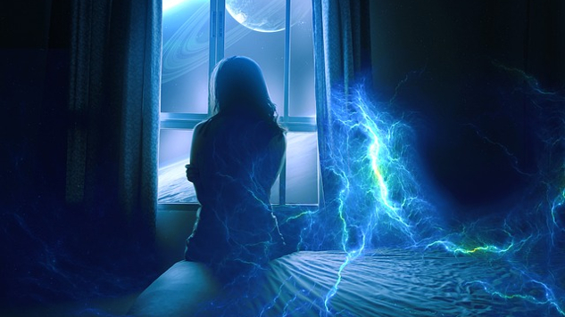 I Am Not Alone -- You Are Not Alone woman sitting on a bed with lightning and electric energy around her