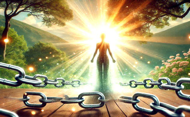 The Myth of Normal: The Mindset of Patriarchy and Separation a figure standing in the light, free of the chain that were binding