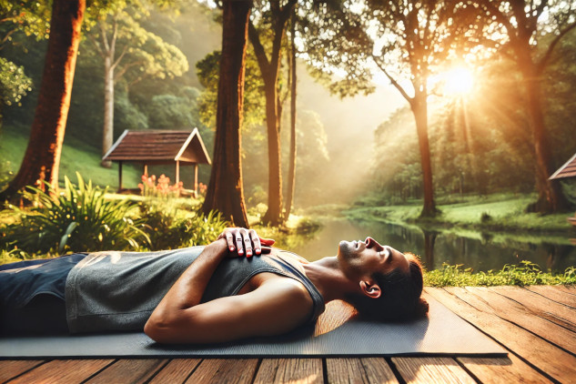 Healing Through Breath: Reclaiming Your Inner Calm a man laying down outside on a yoga mat with eyes closed and hands on his chest