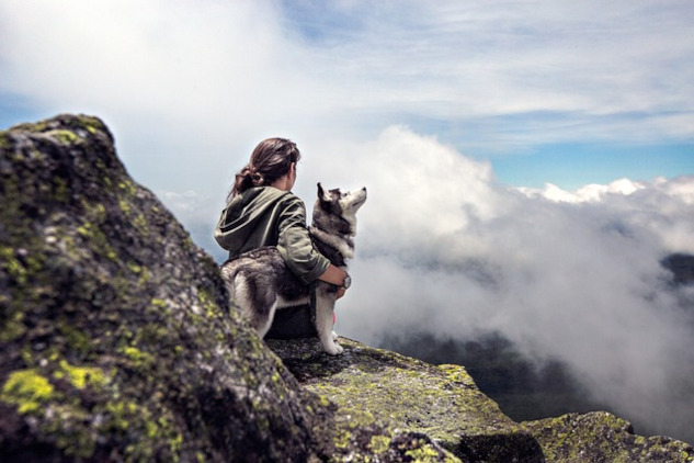 My Intuitive Life Journey With a Huskie woman sitting outside with her arm around a husky dog