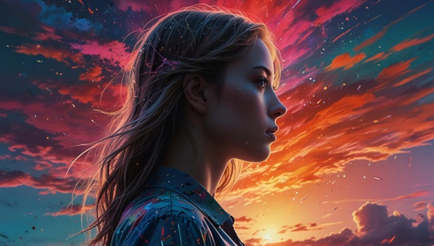 Emotions vs Feelings and Why It Matters. Woman looking out into a sky that's red and blue. Image by Mateo Díaz from Pixabay.
