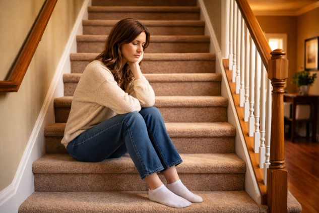 This Simple Question Could Change What You Do Next woman sitting reflectively on the stairs... going up or down?