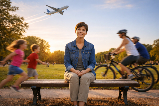InnerSelf Magazine: February 23, 2026 Woman sitting calmly on a park bench even with chaos around her.