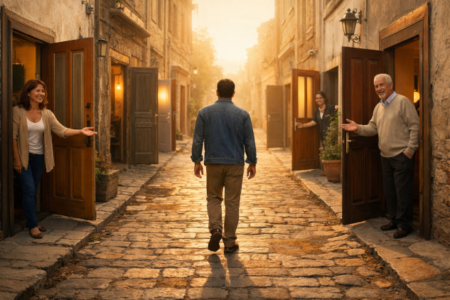 InnerSelf Magazine: March 16, 2026 person walking down the street with doors opened and being invited to enter