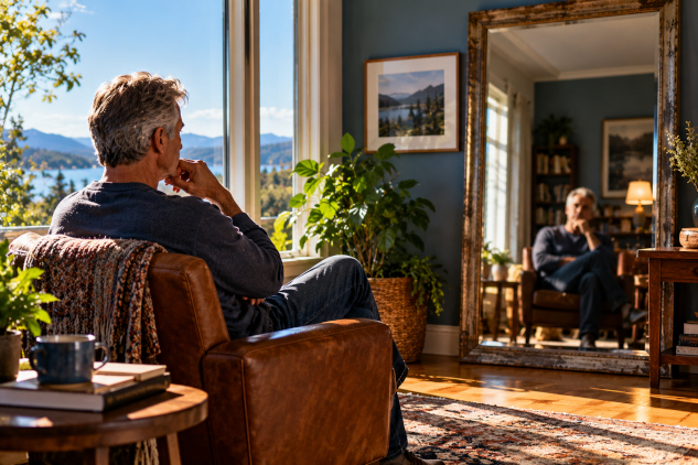 man studying his reflection